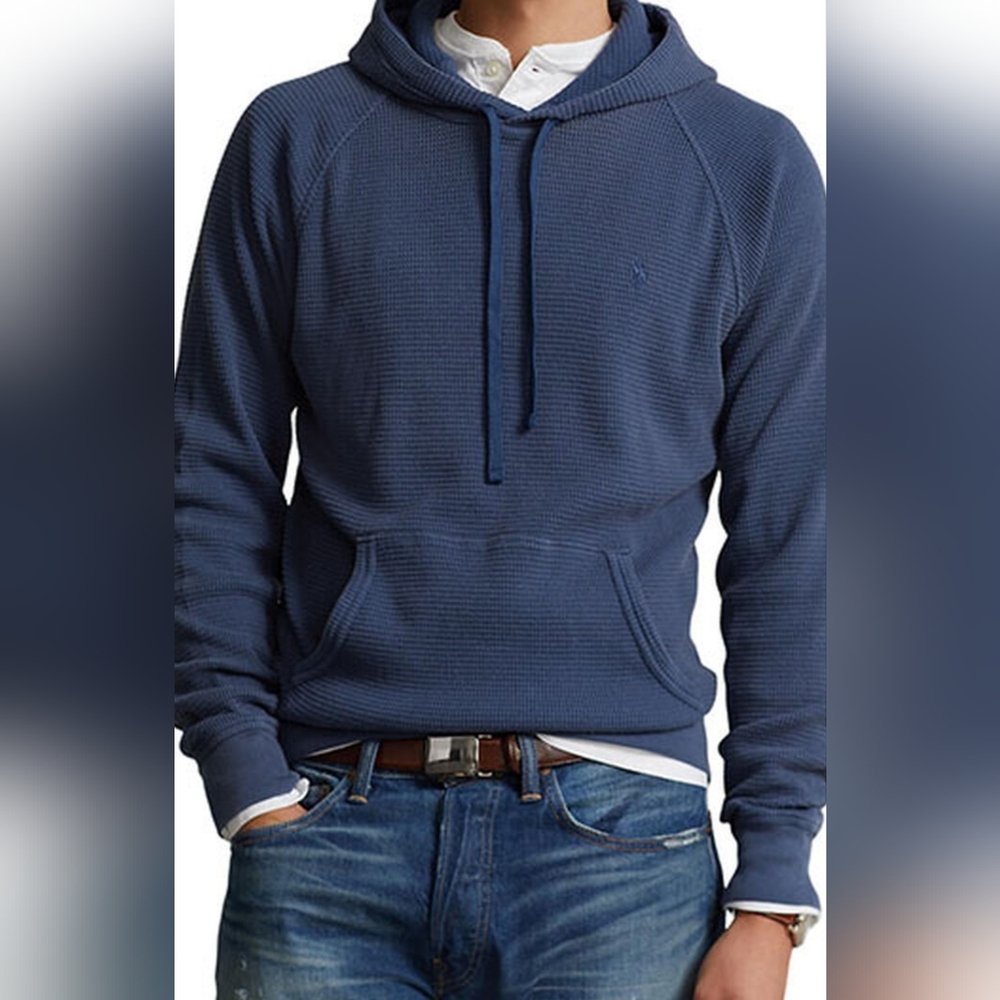 Polo Ralph Lauren Men's Clancy Blue Waffle Knit Pullover Hoodie Medium